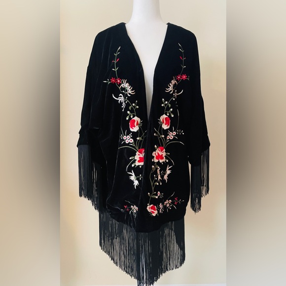 Reba Jackets & Blazers - Reba Black Floral Embroidered Cape with Fringe